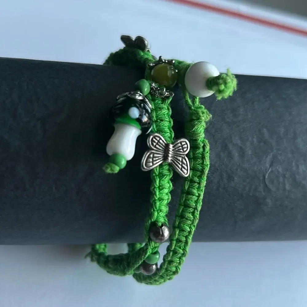 Women’s vintage dainty double layered green charm‎ beaded bracelet one size